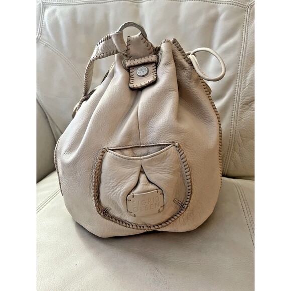 Vintage Sigrid Olsen Leather Hobo Bucket Bag Drawstring Cottagecore Y2K Beige - Picture 6 of 16